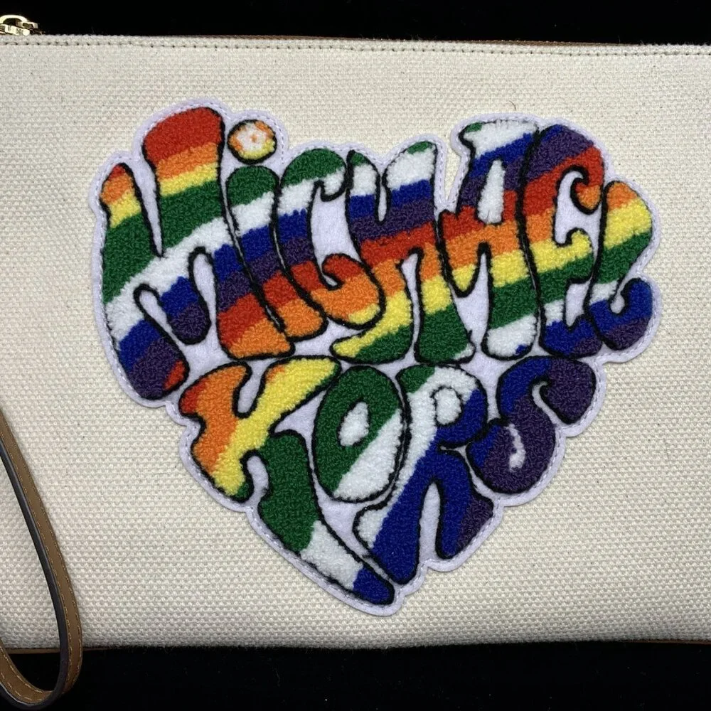 Michael Kors Large Logo Rainbow Pride Canvas Zip Pouch Heart MSRP $128 Natural - Picture 2 of 10